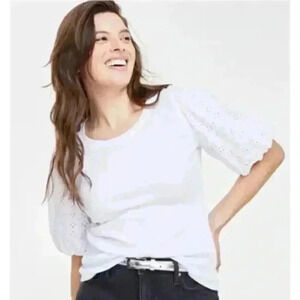 Trendy Women’s Eyelet Elbow-Sleeve T-Shirt‎ White Size L